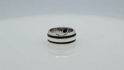 Wholesale sterling silver wide band ring with double black oxidized stripes – unisex artisan wholesale jewelry.