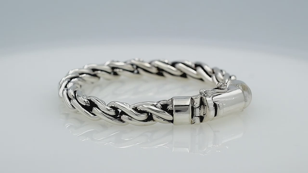 925 sterling silver twisted link bracelet with box clasp, handcrafted in Bali.