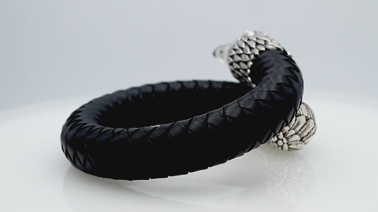 925 Sterling Silver Eagle Bracelet With Black Leather On White Background