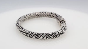 925 sterling silver Bali bracelet with Blue Topaz Quartz clasp and oxidized finish.