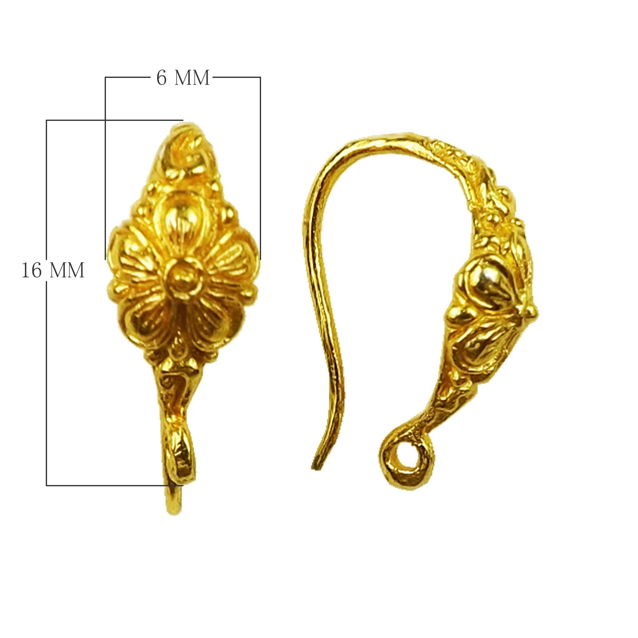 18K Gold Overlay Floral Pattern Earwire Component Handcrafted In India With High Gloss Finish