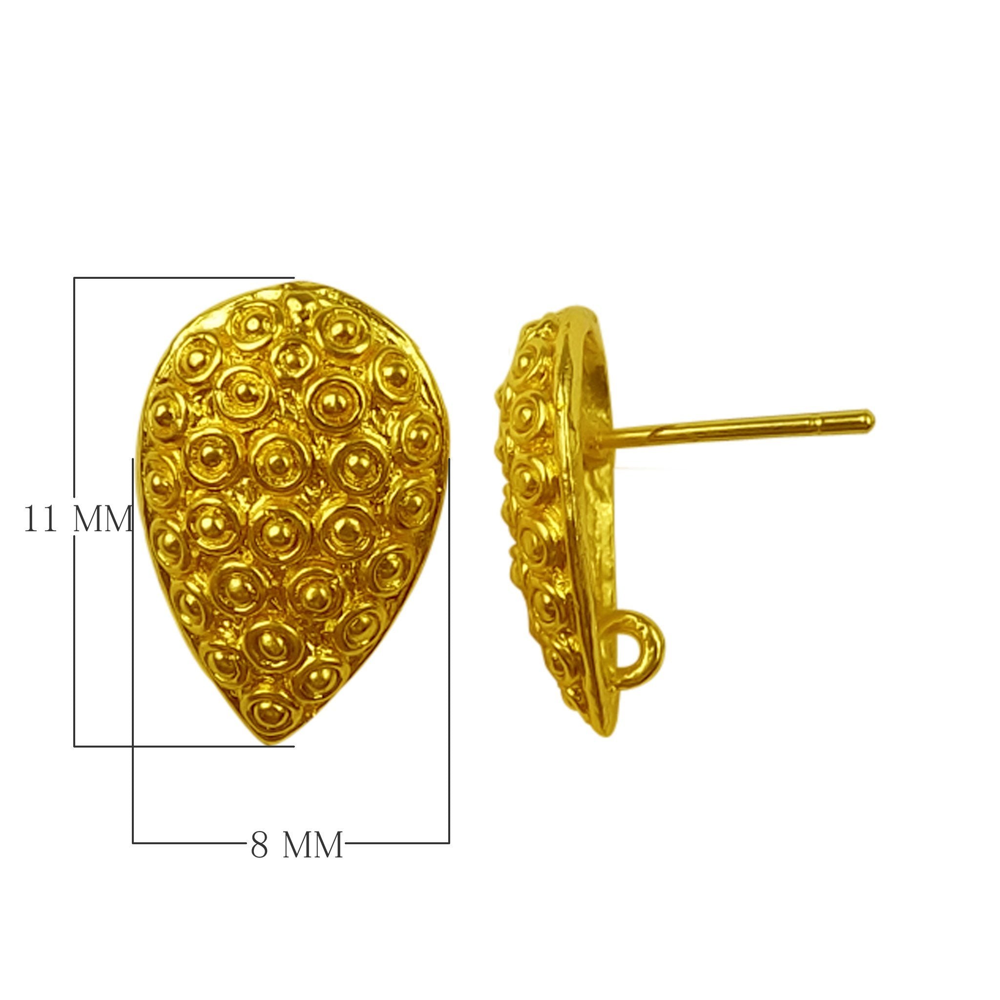 18K Gold Overlay Textured Teardrop Stud Earwire Component Handcrafted In India With Mirror Polished Finish
