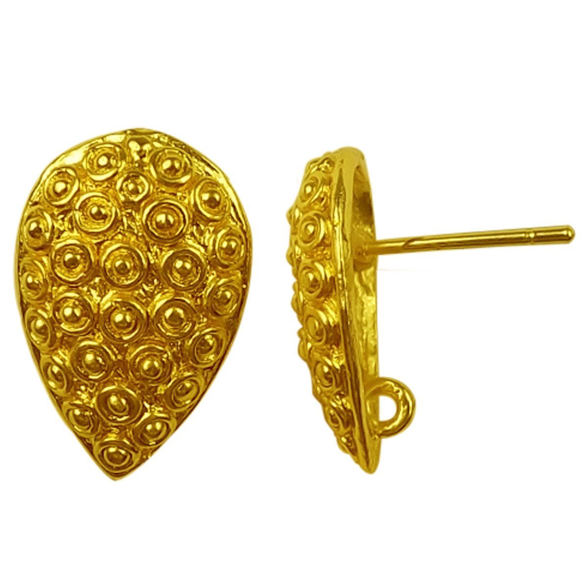 18K Gold Overlay Textured Teardrop Stud Earwire Component Handcrafted In India With Mirror Polished Finish