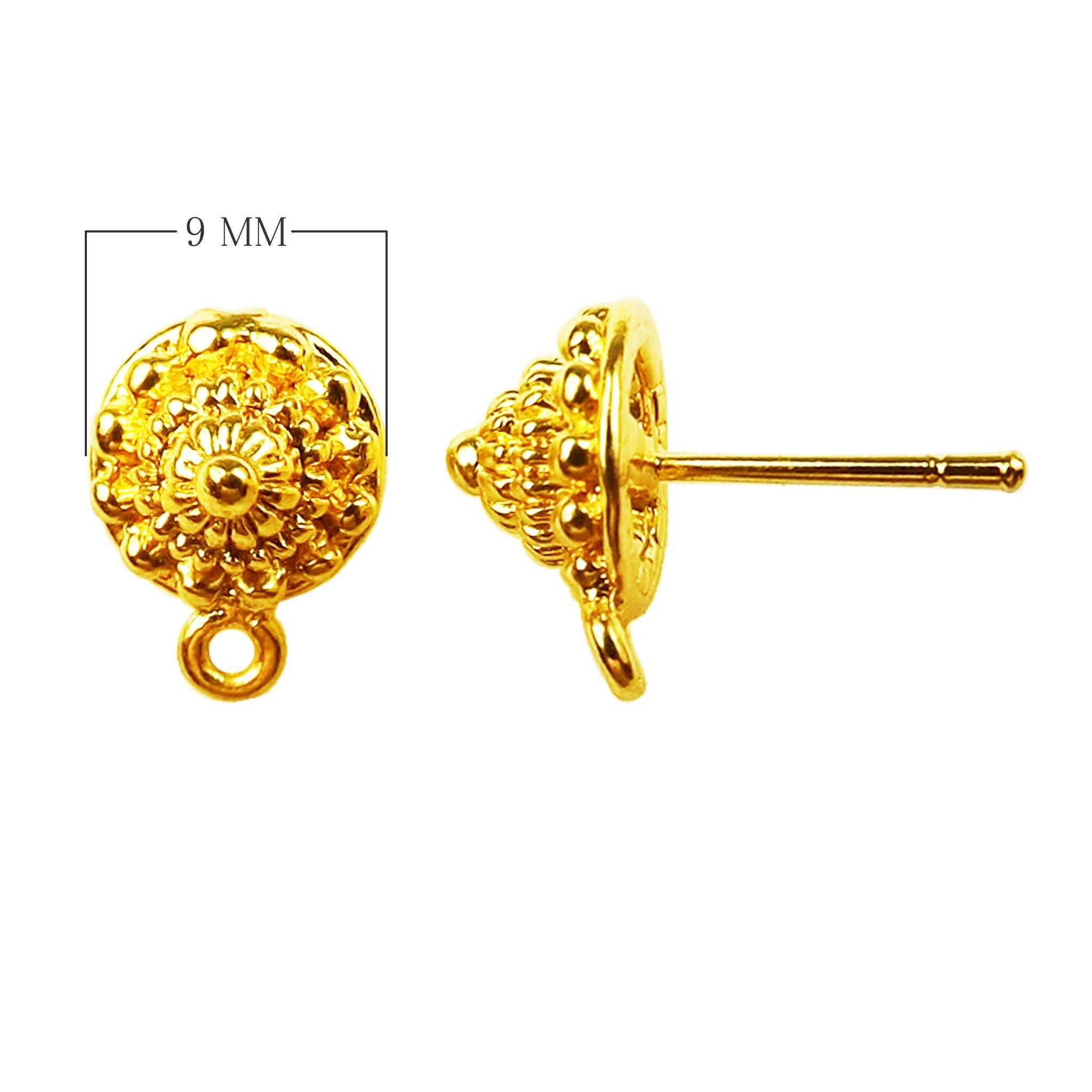 18K Gold Overlay Floral Dome Stud Earwire Component Handcrafted In India With Mirror Polished Finish