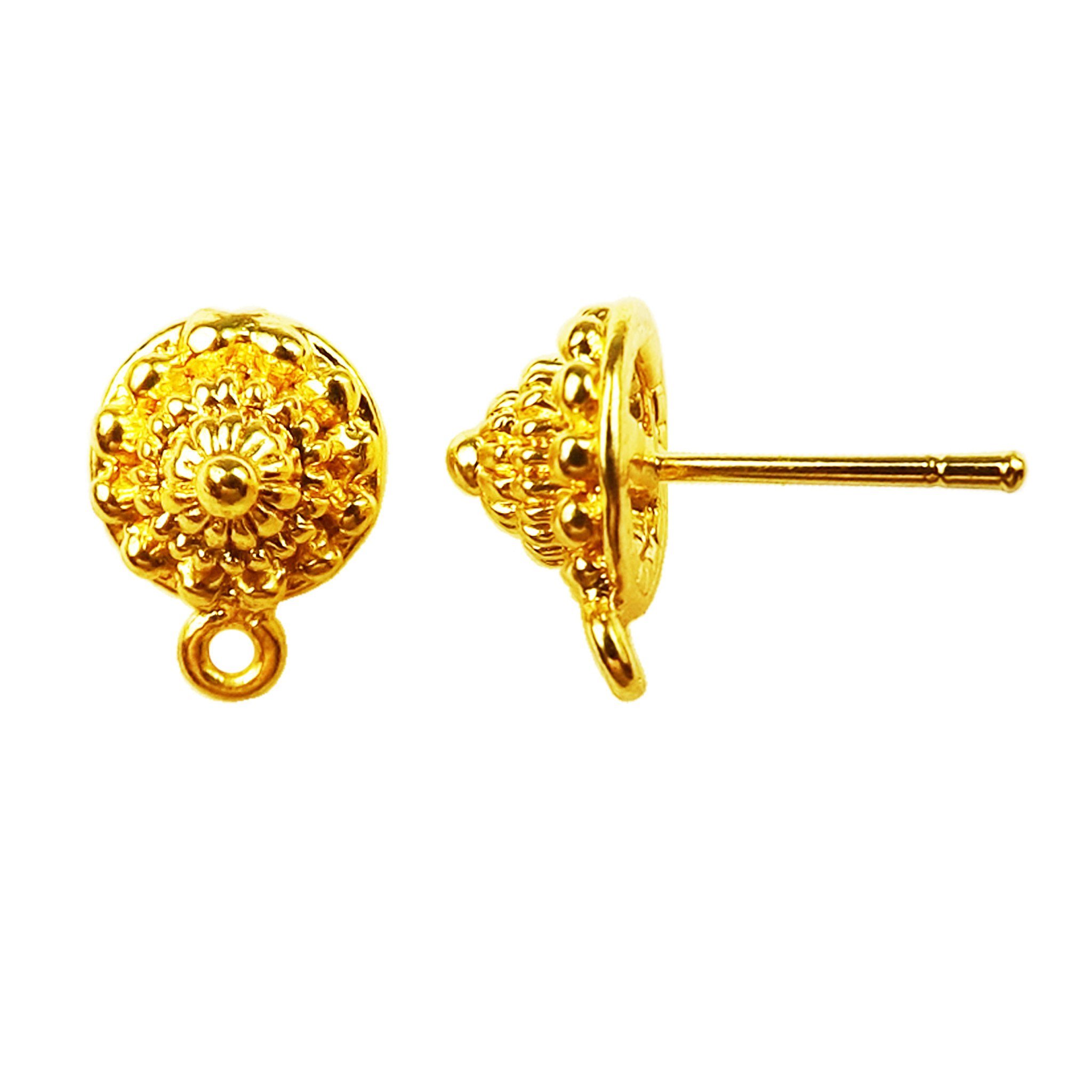 18K Gold Overlay Floral Dome Stud Earwire Component Handcrafted In India With Mirror Polished Finish