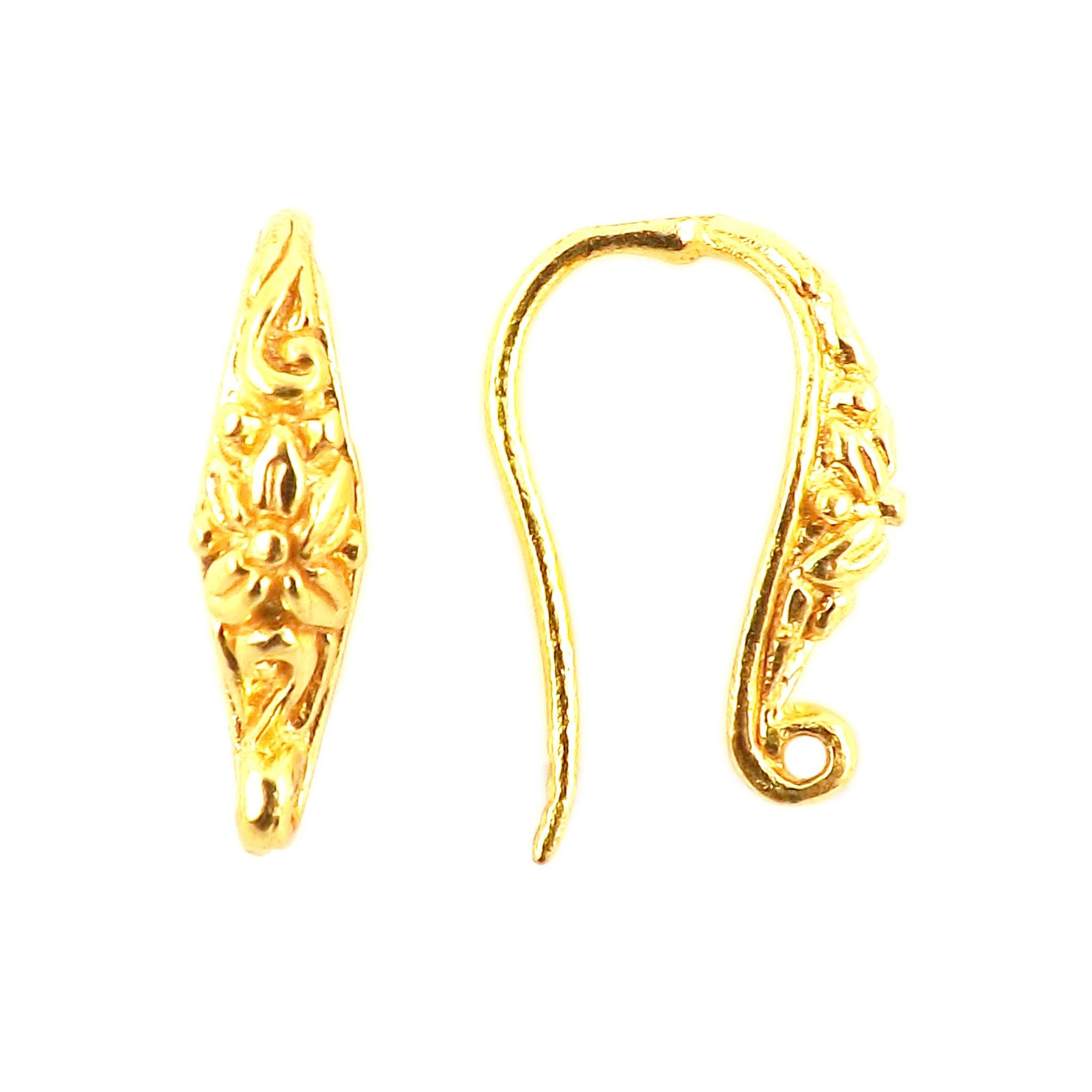 18K Gold Overlay Floral Pattern Earwire Component Handcrafted In India With Polished Golden Finish