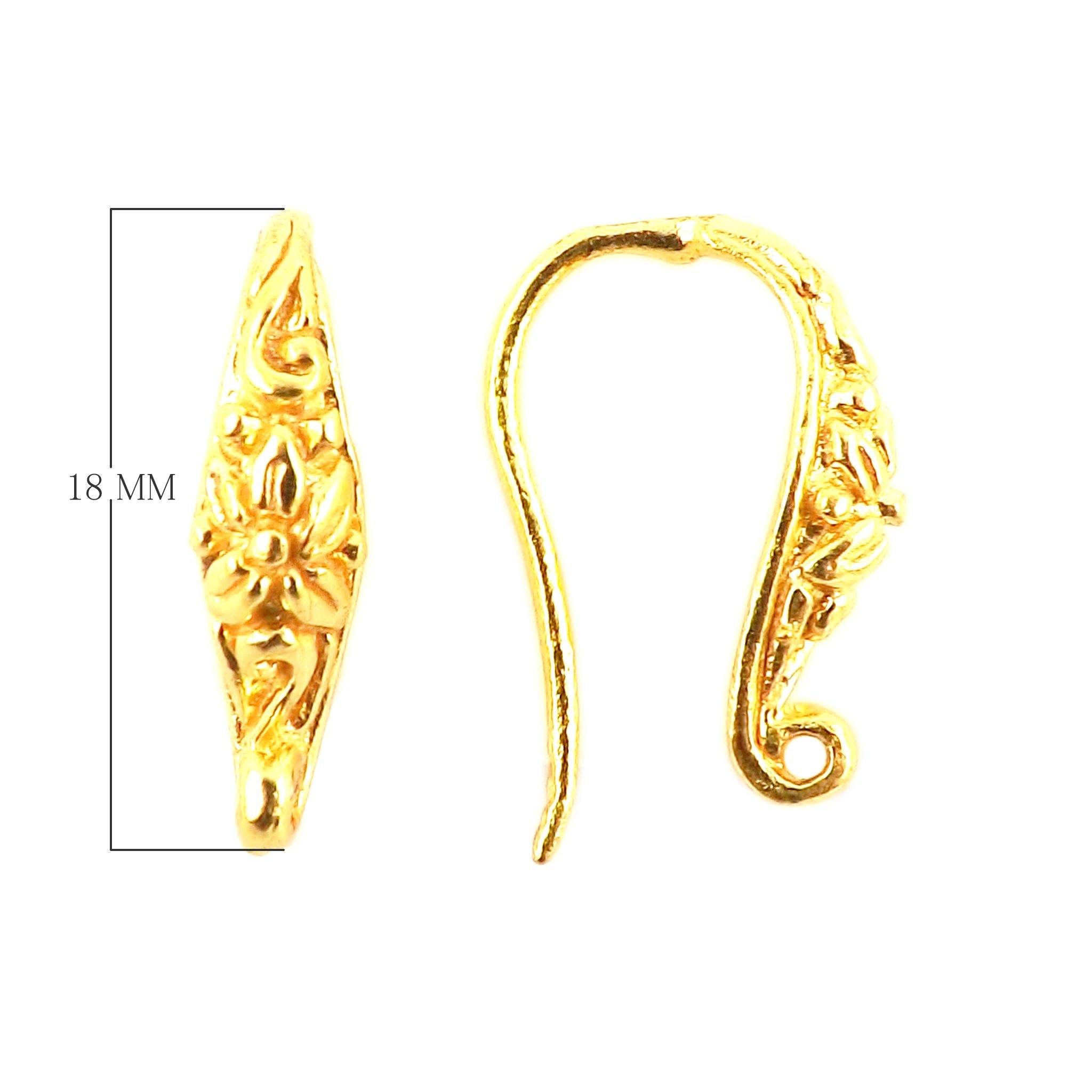 18K Gold Overlay Floral Pattern Earwire Component Handcrafted In India With Polished Golden Finish