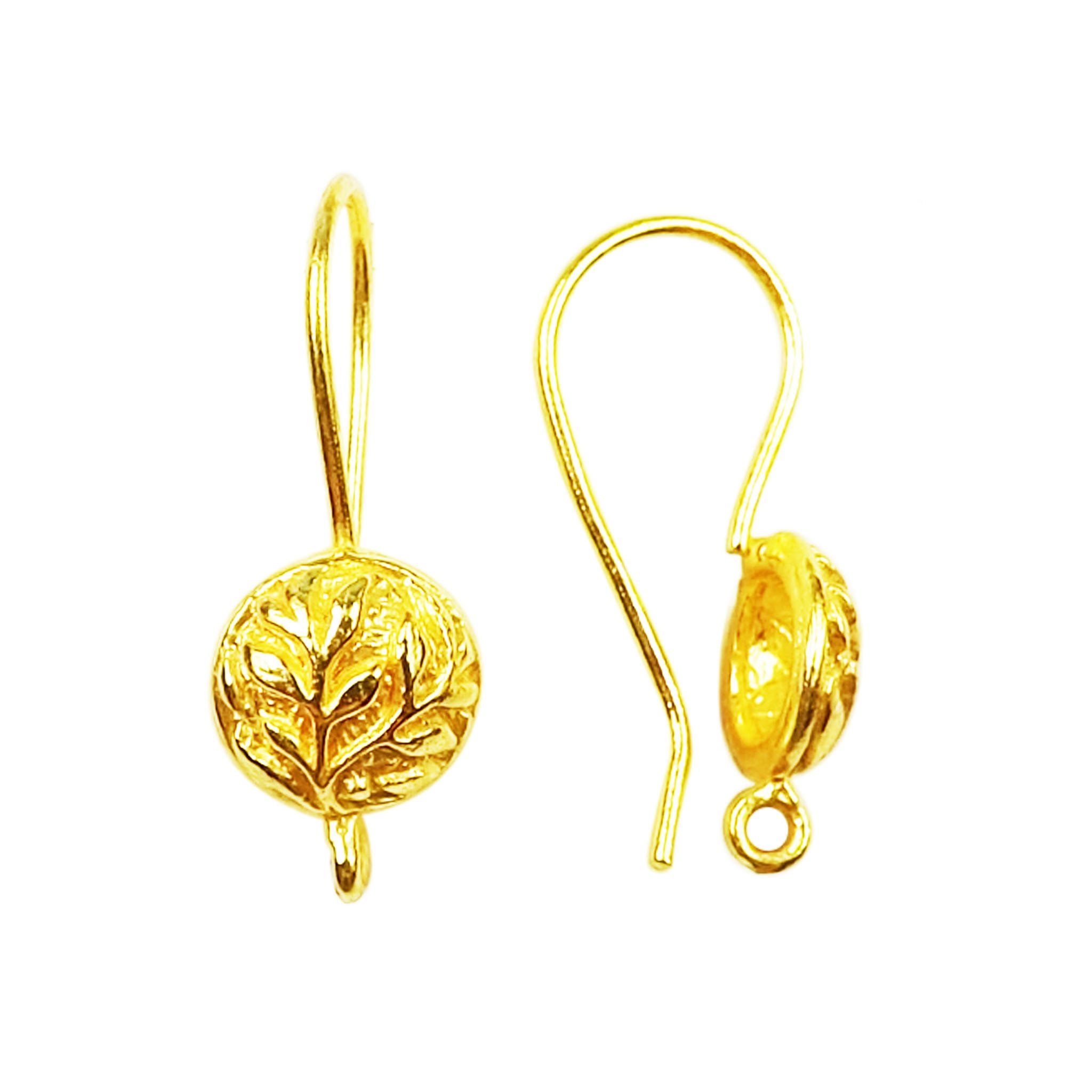 18K Gold Overlay Round Leaf Pattern Earwire Component Handcrafted In India With Polished Finish