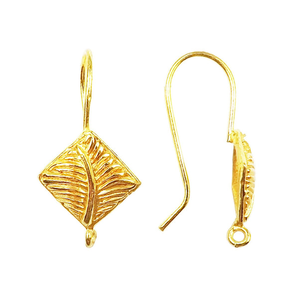 18K Gold Overlay Diamond Leaf Pattern Earwire Component Handcrafted In India With Polished Finish