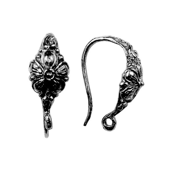 FR-196 Black Rhodium Overlay Flower Design Earwire Beads Bali Designs Inc 