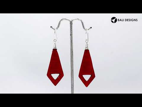 Silver elongated earrings with Red Coral and ornate scroll detailing