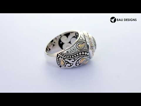 Wholesale Sterling Silver Diamond Oval Cluster Ring With 18K Gold Accents And Balinese Carvings.