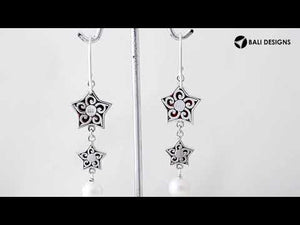 Red coral star earrings with pearl drop