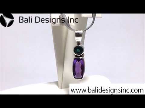 Sterling Silver Green Quartz And Amethyst Quartz Vertical Duo Pendant