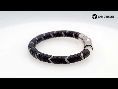 Sterling silver and black leather bracelet with polished clasp handcrafted in Bali