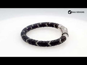 Sterling silver and black leather bracelet with polished clasp handcrafted in Bali