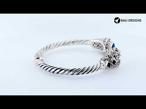 925 Sterling Silver Blue Topaz Quartz and Amethyst Quartz Bangle with Balinese handcrafted detailing