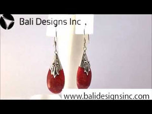 Sterling Silver Red Coral Teardrop Floral Pattern Drop Earrings