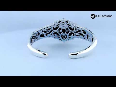 Sterling Silver With 18K Gold Balinese Engraved Diamond Cuff Bracelet Featuring Hammered Center And Ornate Artisan Detailing