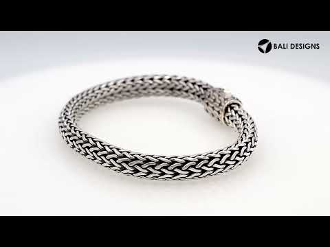 925 sterling silver woven Bali bracelet with Amethyst Quartz stone clasp and oxidized finish.