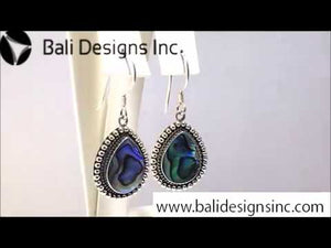 Wholesale sterling silver teardrop Abalone earrings with iridescent shell and Bali-inspired beaded border, handcrafted artisan jewelry for bulk orders.
