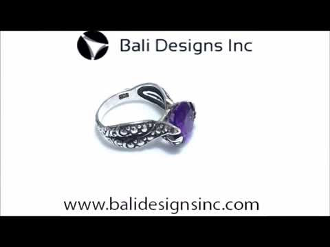 Sterling Silver Amethyst Quartz Round Balinese Engraved Luxury Statement Ring With Polished Finish.