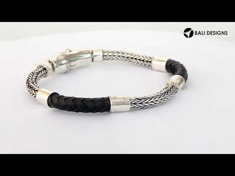 Sterling Silver Braided Chain Bracelet With Black Leather And Push Clasp