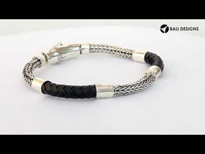 Sterling Silver Braided Chain Bracelet With Black Leather And Push Clasp