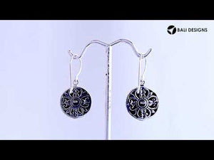 Sterling silver Abalone Shell earrings with round design and floral silver center strip for wholesale collection.