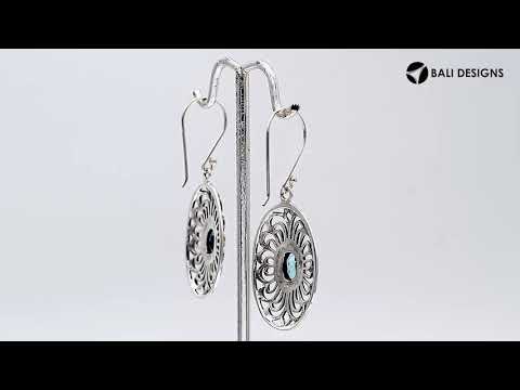 Wholesale Sterling Silver Filigree Oval Blue Topaz Quartz Drop Earrings With Oxidized Finish And Balinese Craftsmanship