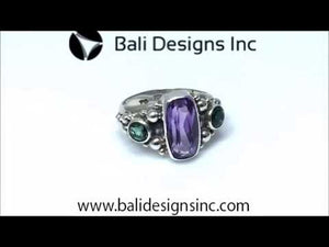 Sterling Silver Ring With Amethyst And Green Quartz, Dual Stone Beaded Designer Ring, Mirror Polished Antique Finish