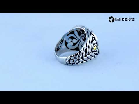 Sterling Silver And 18K Gold Square Mandala Ring With Diamond Pavé And Balinese Carving