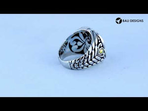 Sterling Silver And 18K Gold Square Mandala Ring With Diamond Pavé And Balinese Carving