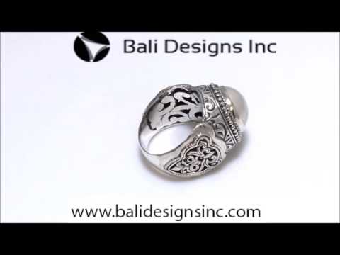 Wholesale sterling silver Bali ring with white freshwater Mabe Pearl and intricate handcrafted scrollwork design.
