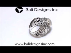 Wholesale sterling silver Bali ring with white freshwater Mabe Pearl and intricate handcrafted scrollwork design.