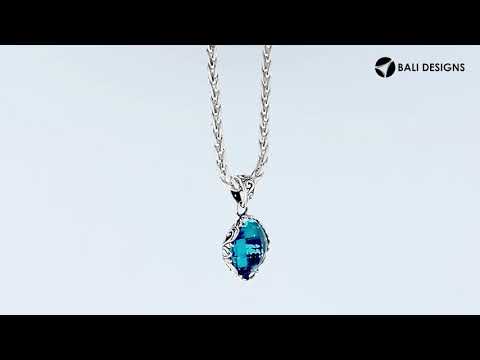 Sterling Silver London Blue Topaz Quartz Cushion Pendant With Balinese Filigree Design For Wholesale Buyers.