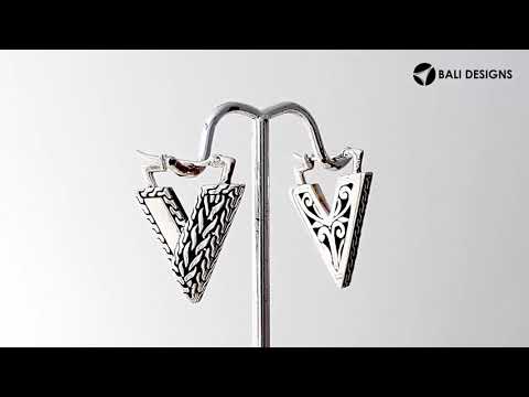 Wholesale Sterling Silver V-Shaped Bali Pattern Hoop Earrings With Textured Geometric Detailing
