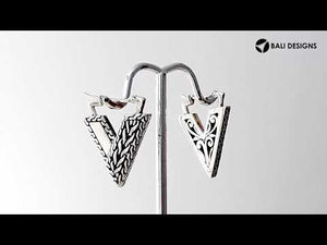 Wholesale Sterling Silver V-Shaped Bali Pattern Hoop Earrings With Textured Geometric Detailing