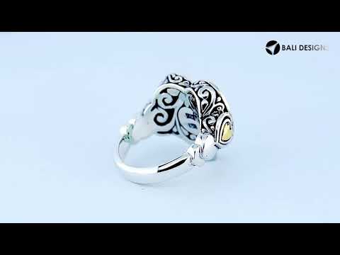 Sterling Silver And 18K Gold Heart Ring With Diamond Pavé And Balinese Carving