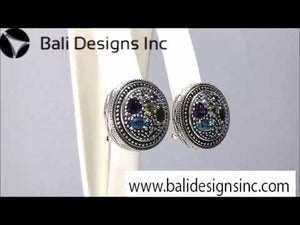 Sterling Silver Round Multi Stone Quartz Omega Clip Cluster Earrings