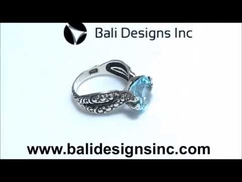 Sterling Silver Blue Topaz Quartz Round Balinese Engraved Luxury Statement Ring With Polished Finish.