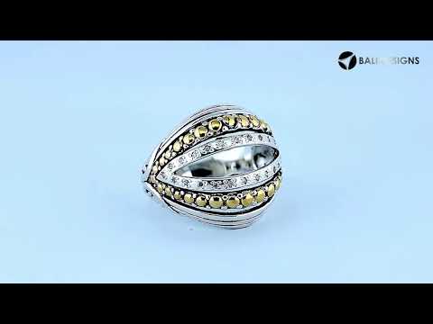 Sterling Silver And 18K Gold Split-Dome Ring With Diamond Rows And Gold Beading