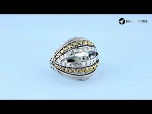 Sterling Silver And 18K Gold Split-Dome Ring With Diamond Rows And Gold Beading