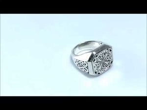 Sterling Silver Cross Pattern Oxidized Octagon Designer Ring For Wholesale Jewelry Buyers.