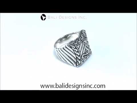 Sterling Silver handcrafted rectangular tribal design ring wholesale from Bali, Indonesia with swirl and line engravings