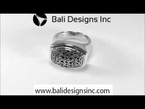 Wholesale sterling silver men’s rectangular signet ring with Bali scrollwork carving and oxidized finish, handcrafted 925 silver jewelry.