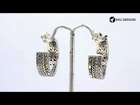 Sterling Silver With 18K Gold Textured Pattern Hoop Earrings With Diamond Accents