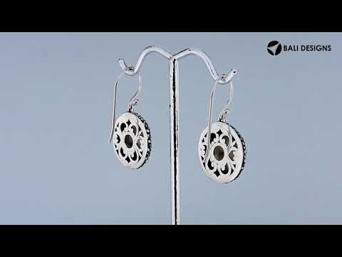 Sterling silver round earrings with Mother Of Pearl and oxidized dotted border for wholesale collections.