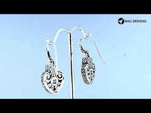 Sterling Silver With 18K Gold Heart Drop Earrings With Scroll Pattern And Diamond Accent