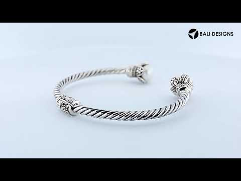 925 Sterling Silver Pearl Bangle with twisted cable design and Balinese handcrafted detailing